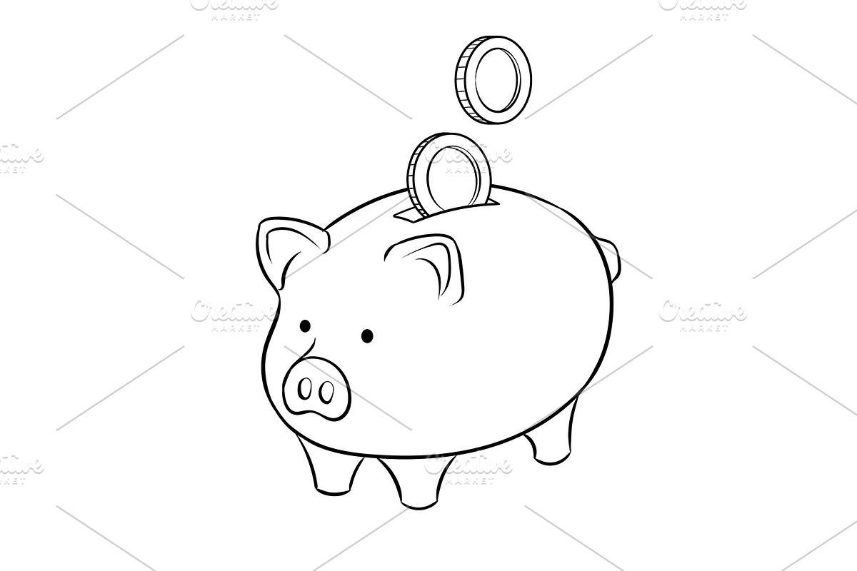 Piggy bank and golden coins coloring book vector in Objects - product preview 8