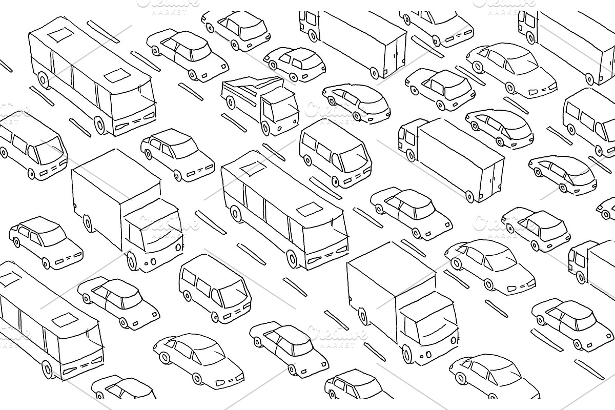 Sketch traffic jam car plug transport highway. Hand drawn black line in Illustrations - product preview 8