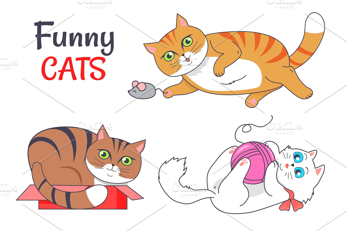 Funny Cats Sleeping in Red Box Playing Grey Mouse in Illustrations - product preview 8