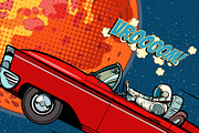 Astronaut in a car over the planet Mars