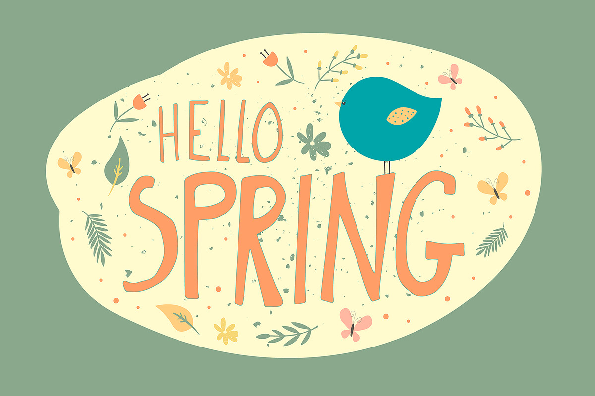 Green postcard with Hello Spring in Illustrations - product preview 8