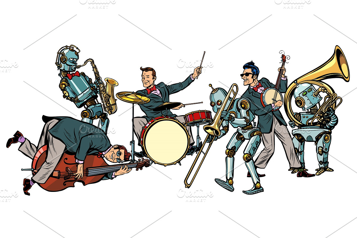 futuristic jazz orchestra of humans and robots, isolated on whit in Illustrations - product preview 8