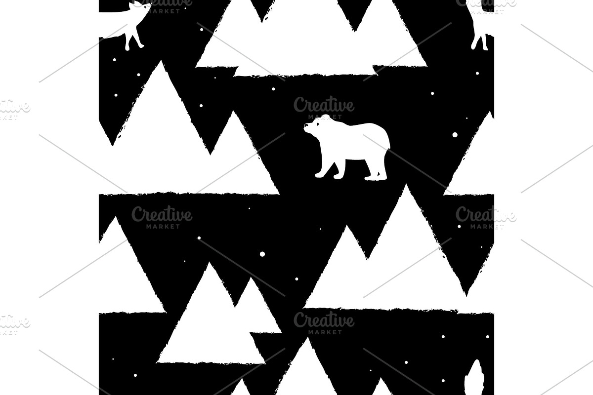 Polar white bears and foxes with triangle abstract mountains. Cute seamless pattern for christmas card, holiday wrapping paper, textile fabric, wallpaper. Vector background in Illustrations - product preview 8