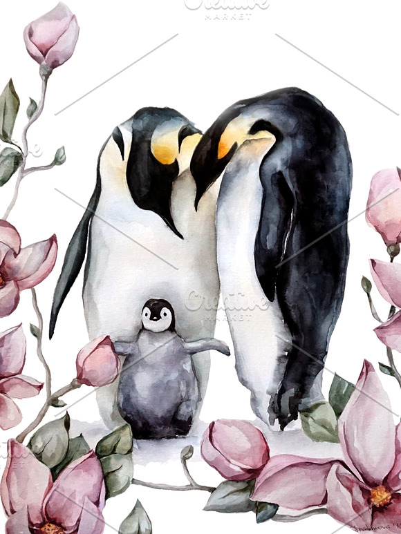 Watercolor penguin family in Illustrations - product preview 1