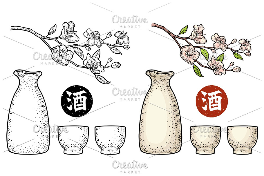 Sake glass, bottle, sakura engraving in Illustrations - product preview 8
