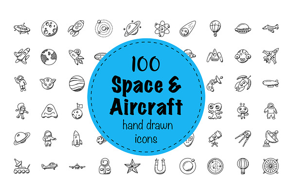 100 Space And Aircrafts Doodle Icons