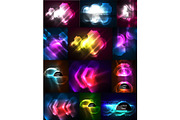 Set of neon glowing abstract shapes backgrounds