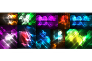 Set of neon glowing abstract shapes backgrounds