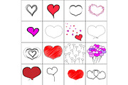 Vector simple illustration hearts set, baloons, embroidery, black and white hand drawn. Seamless pattern.