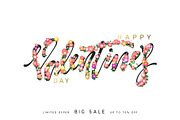 Valentines Day a hand-written caligraphic text is strewn with colorful bright flowers buds