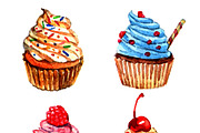 Cupcakes watercolor sketch set