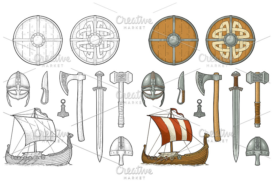 Set viking. Knife, drakkar, axe, helmet, sword, hammer, thor amulet in Illustrations - product preview 8