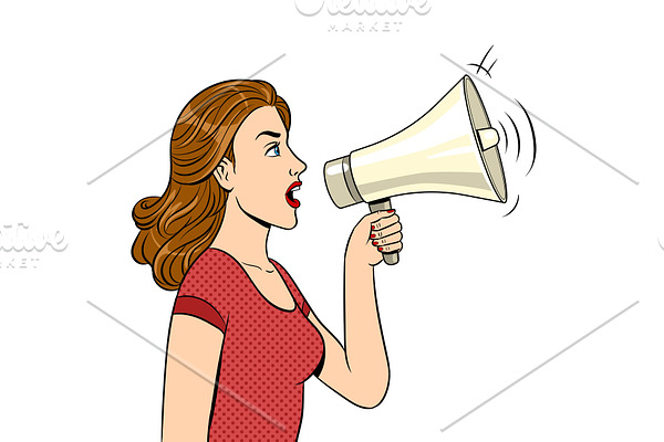 Woman with megaphone pop art style vector