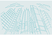 Big city skyscraper sketch buildings. Blue line skeleton strokes Modern architecture landscape. Hand drawn vector stock illustration.