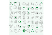 Ecology organic signs eco and bio elements in hand drawn style nature planet protection care recycling save concept