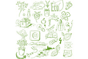 Ecology organic signs eco and bio elements in hand drawn style nature planet protection care recycling save concept