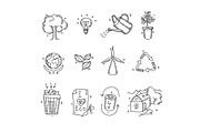 Hand drawn doodle sketch ecology organic icons eco and bio elements nature planet protection care recycling save concept