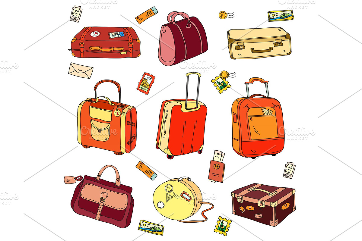 Collection of vintage travel suitcases with stickers  in Objects - product preview 8