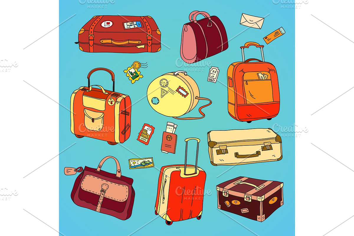 Collection of vintage travel suitcases with stickers  in Objects - product preview 8