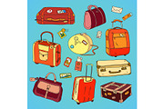 Collection of vintage travel suitcases with stickers 
