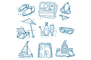 Hand drawn doodle sketch travel icons summer vacation on beach.
