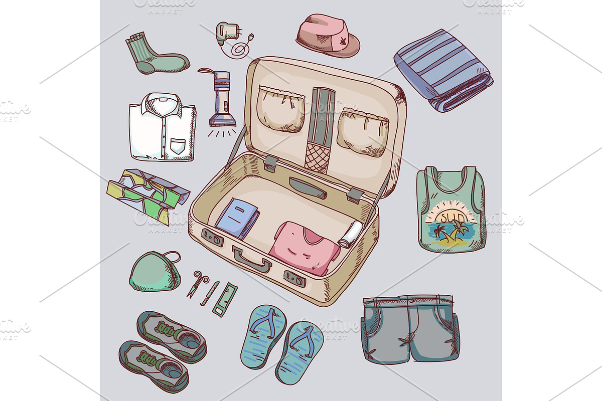 Suitcase with things clothing for travelling summer vacation. in Objects - product preview 8