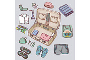 Suitcase with things clothing for travelling summer vacation.