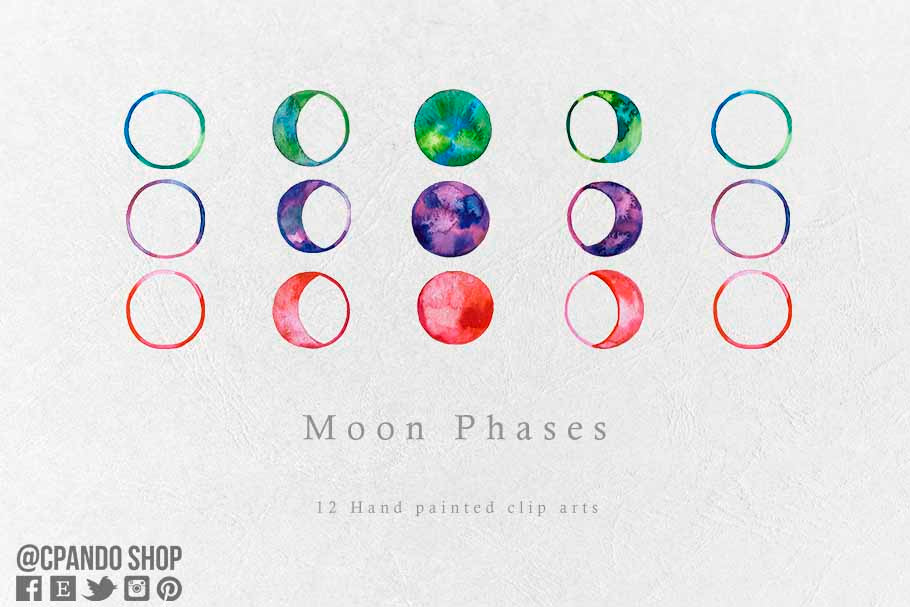 Moon phases watercolor clip art 