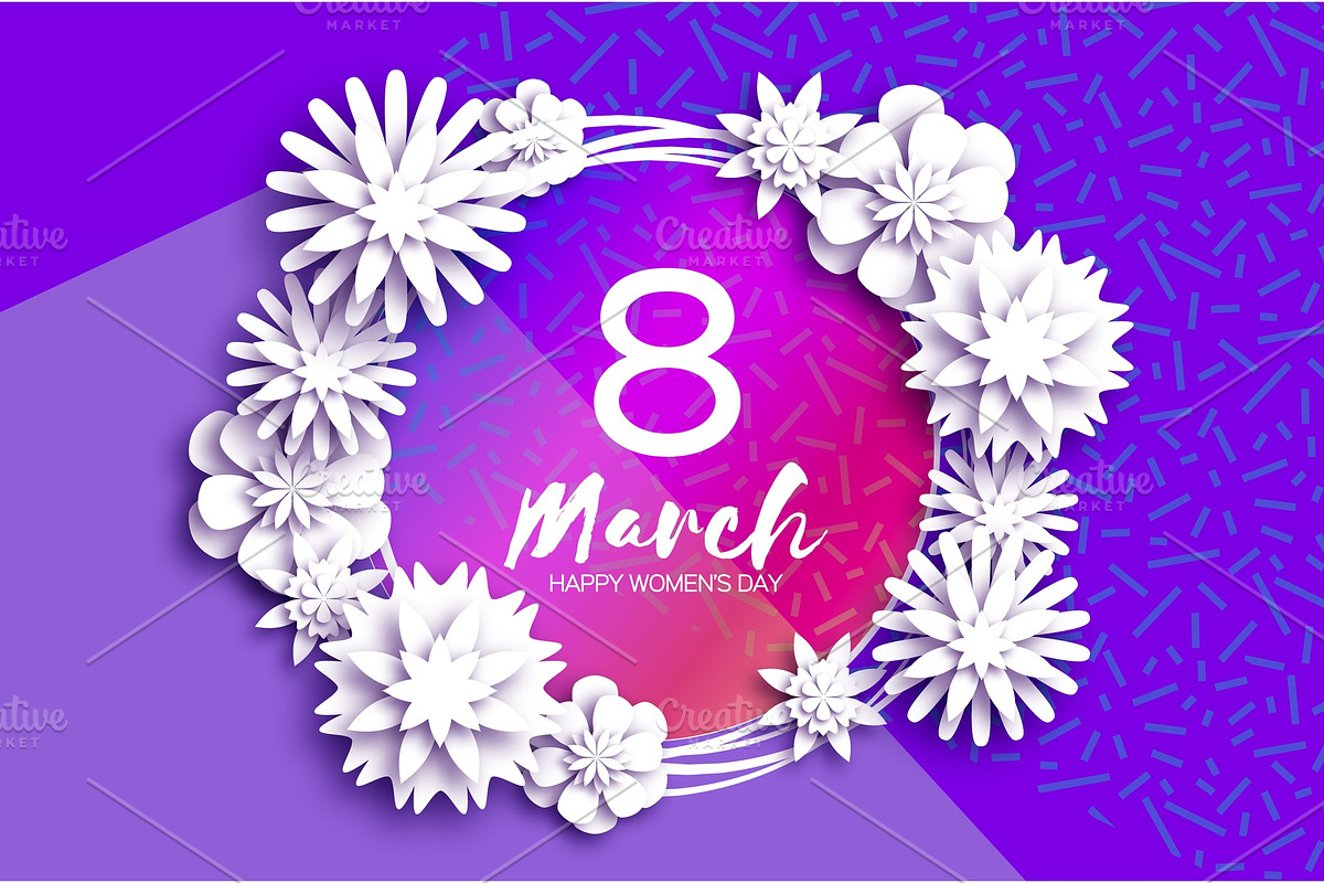 Bright White Origami Spring Flowers Banner. Paper cut Floral Greetings card. Spring blossom. Happy Womens Day. 8 March. Mothers Day. Text. Seasonal holiday on violet. Trendy decor. in Illustrations - product preview 8