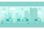Office with view from window city. Workplace room. Skyscrapers and big city outside the window. Flat color vector illustration