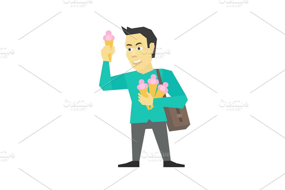 Ice-cream seller business man. Good offer suggestion. Flat color vector illustration stock clipart. in Illustrations - product preview 8