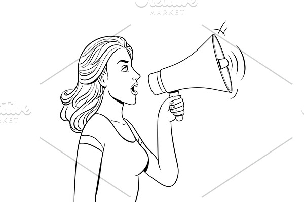 Woman with megaphone coloring book vector