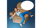 Lazy guy watching TV pop art style vector