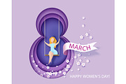 Card for 8 March womens day. Woman on teeterboard