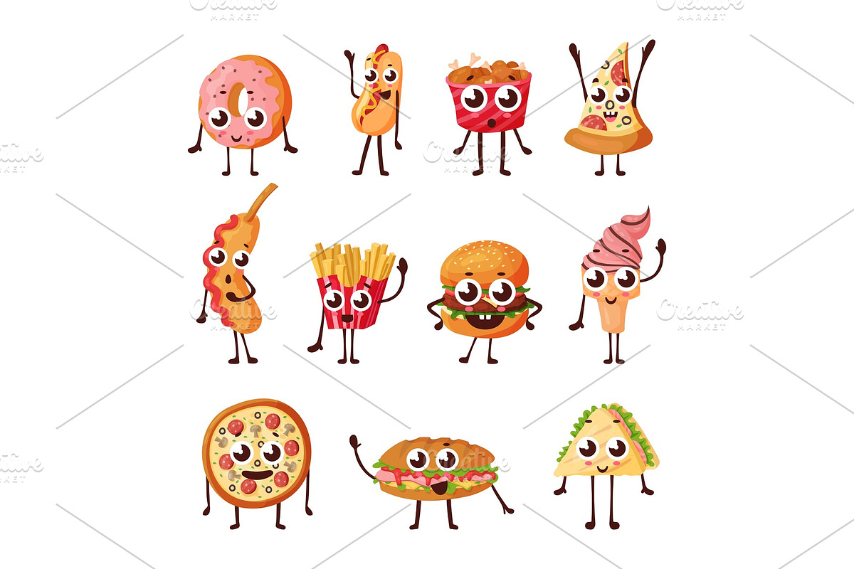 Cartoon logo, fast food characters icons in Illustrations - product preview 8