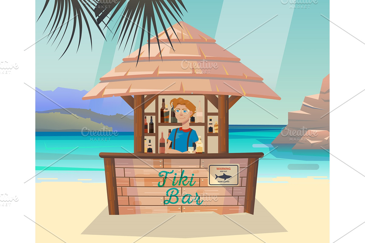 Tiki bar with bartender at sea or ocean shore in Illustrations - product preview 8