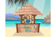 Tiki bar with bartender at sea or ocean shore