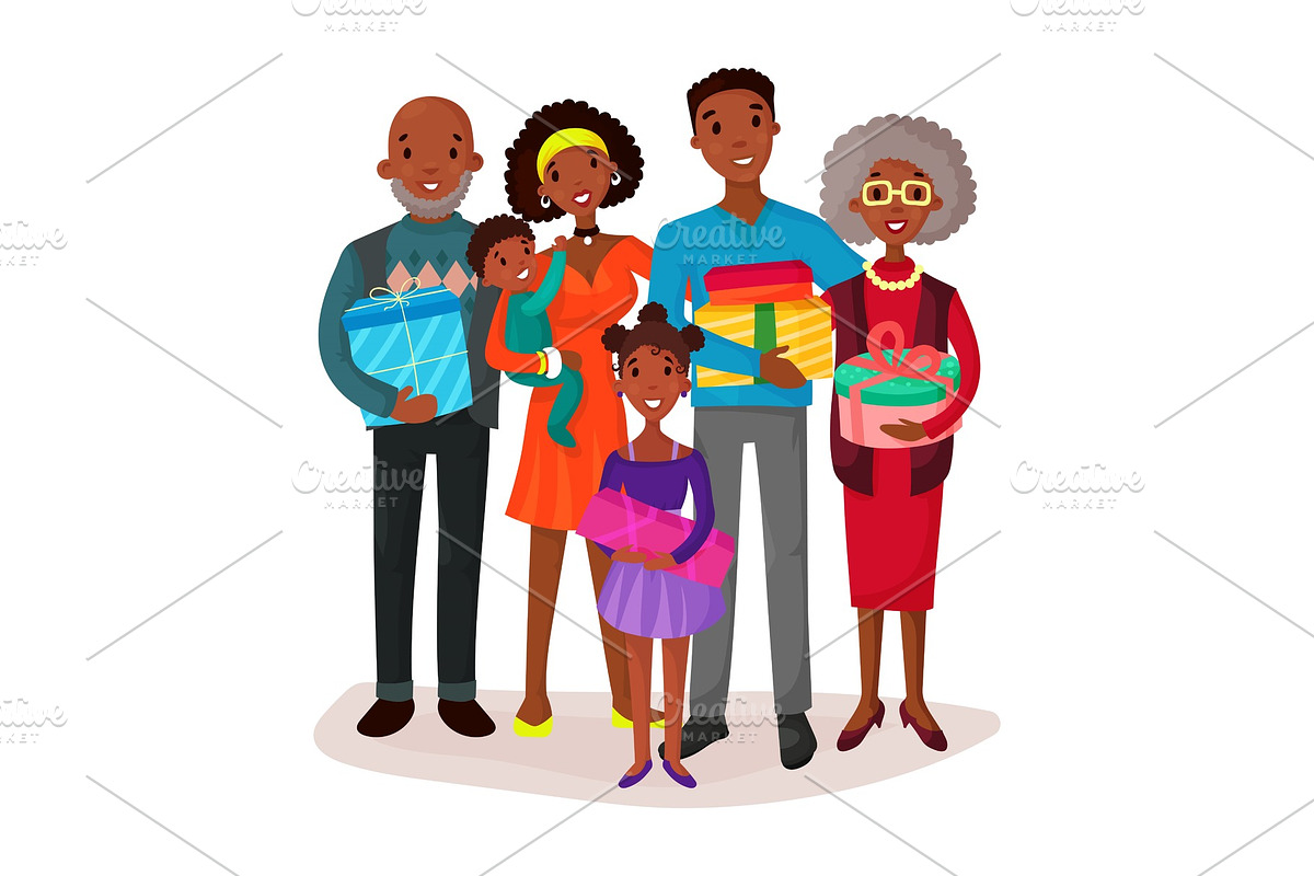 Black family holding children and gifts or present in Illustrations - product preview 8