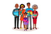Black family holding children and gifts or present