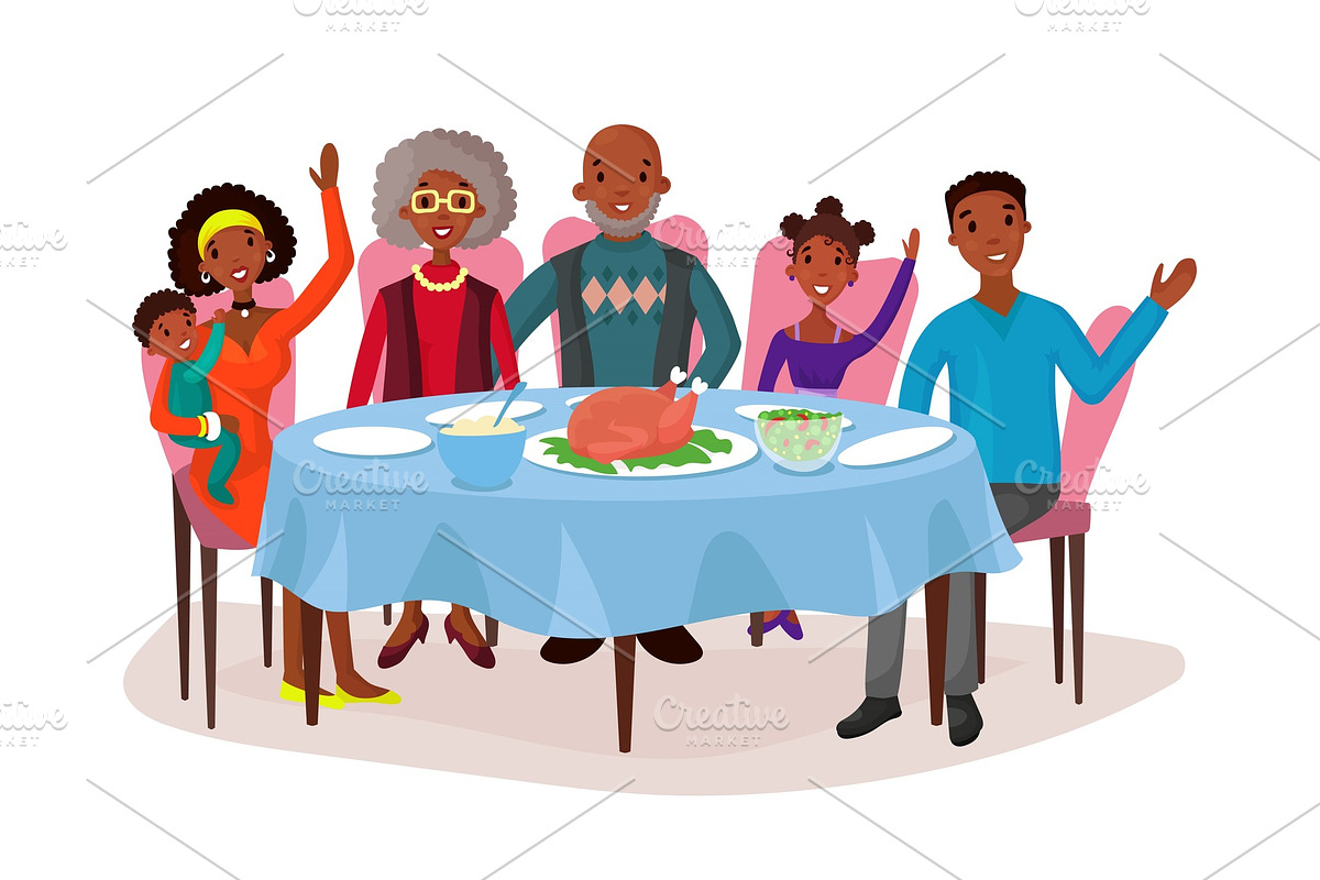 Happy afro american family at dinner table in Illustrations - product preview 8