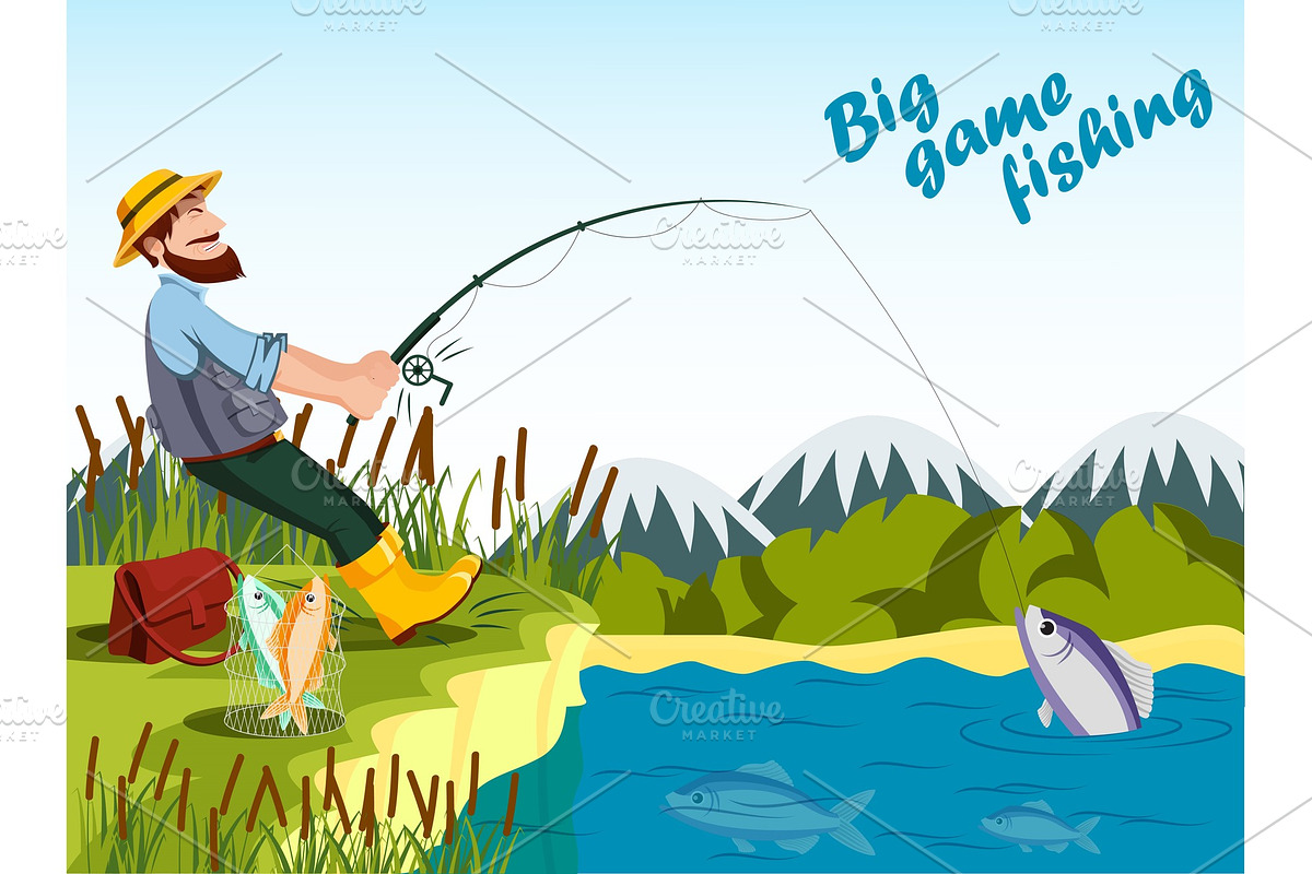 Fisherman fishing at lake with rod and catching fish. in Illustrations - product preview 8
