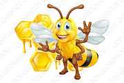 Bee Cartoon Character With Honeycomb