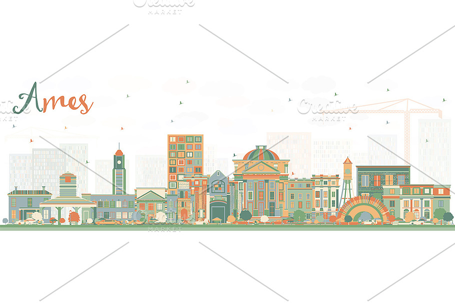 Ames Iowa Skyline with Color  in Illustrations - product preview 8