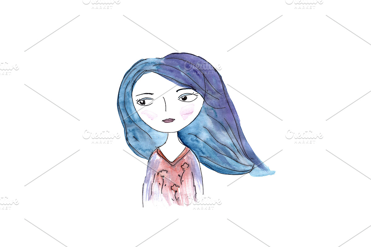 Watercolor girl with blue hair in Illustrations - product preview 8
