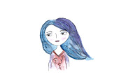 Watercolor girl with blue hair