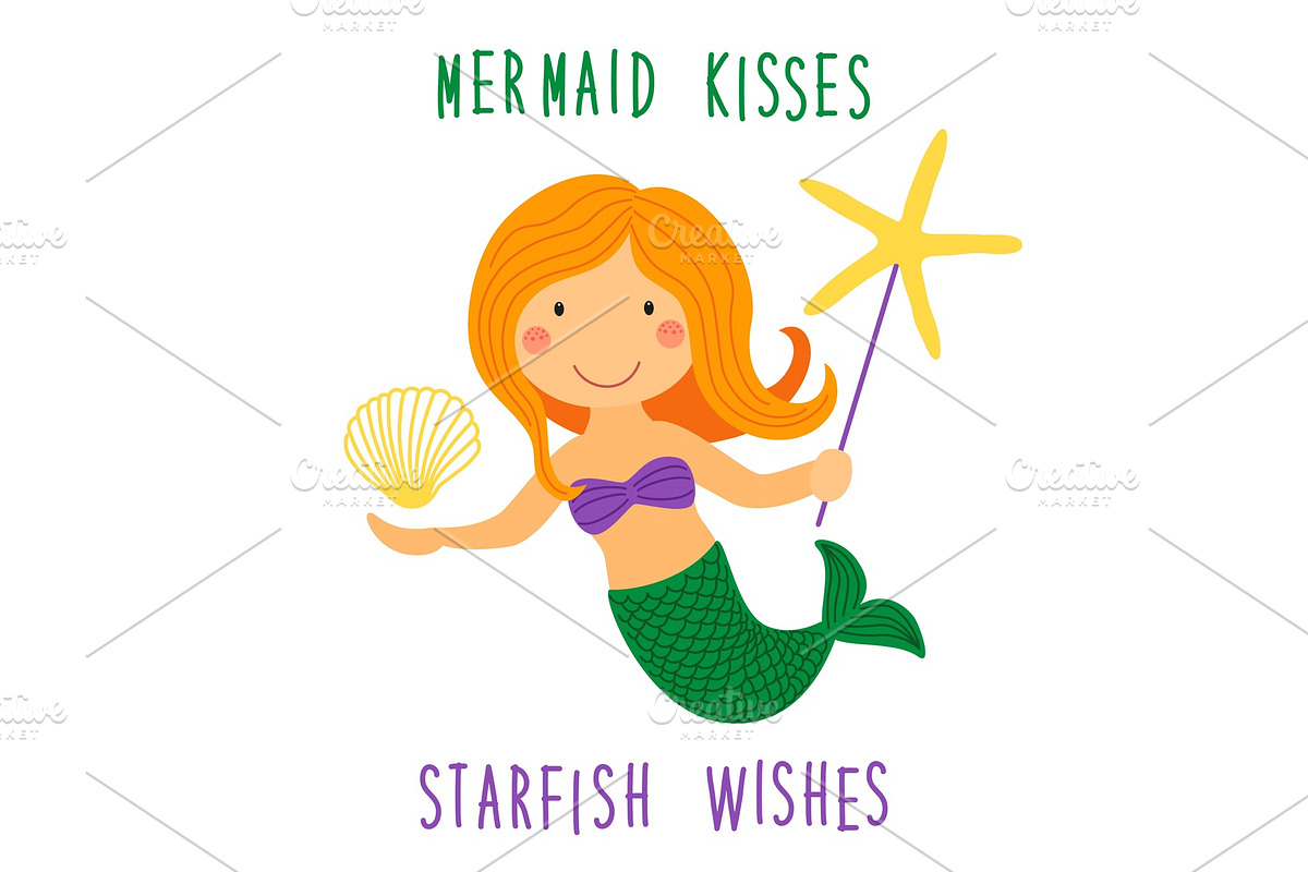Cute childish hand drawn cartoon character of little mermaid with sea starfish, shell and lettering quote in Illustrations - product preview 8