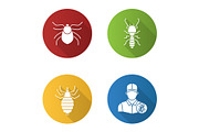 Pest control flat design long shadow glyph icons set