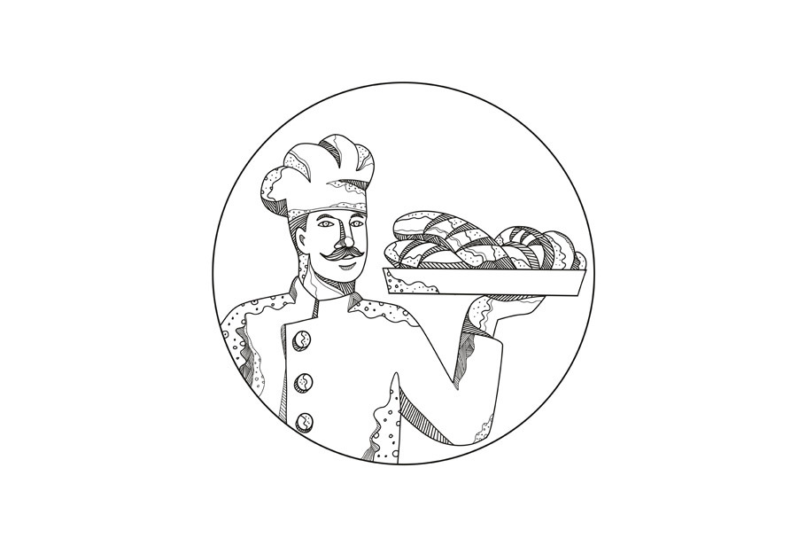 Baker Holding Bread on Plate Doodle 