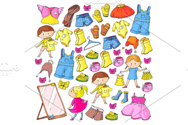 Children clothing Kindergarten boys and girls with clothes New clothing collection Dresses, trousers, shoes, hats, caps, gloves, scarf. Princess dresses