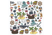 Children playing pirates Boys and girls Kindergarten, school, preschool, halloween party Treasure island, pirate ship, crab, parrot Adventure and travel and fun Birthday invitation